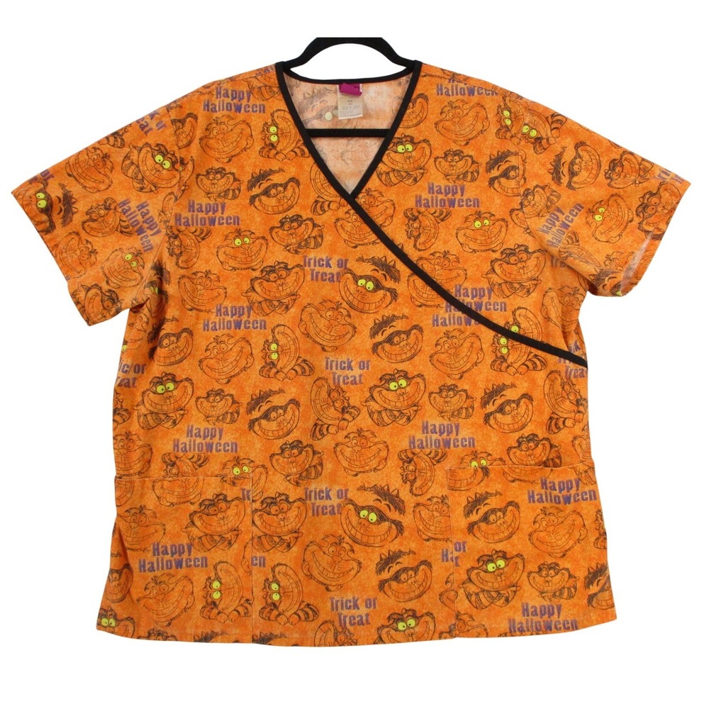 Disney Cheshire Cat Halloween Scrub Top Orange Mock Wrap XL CH38A984 HLWORG
